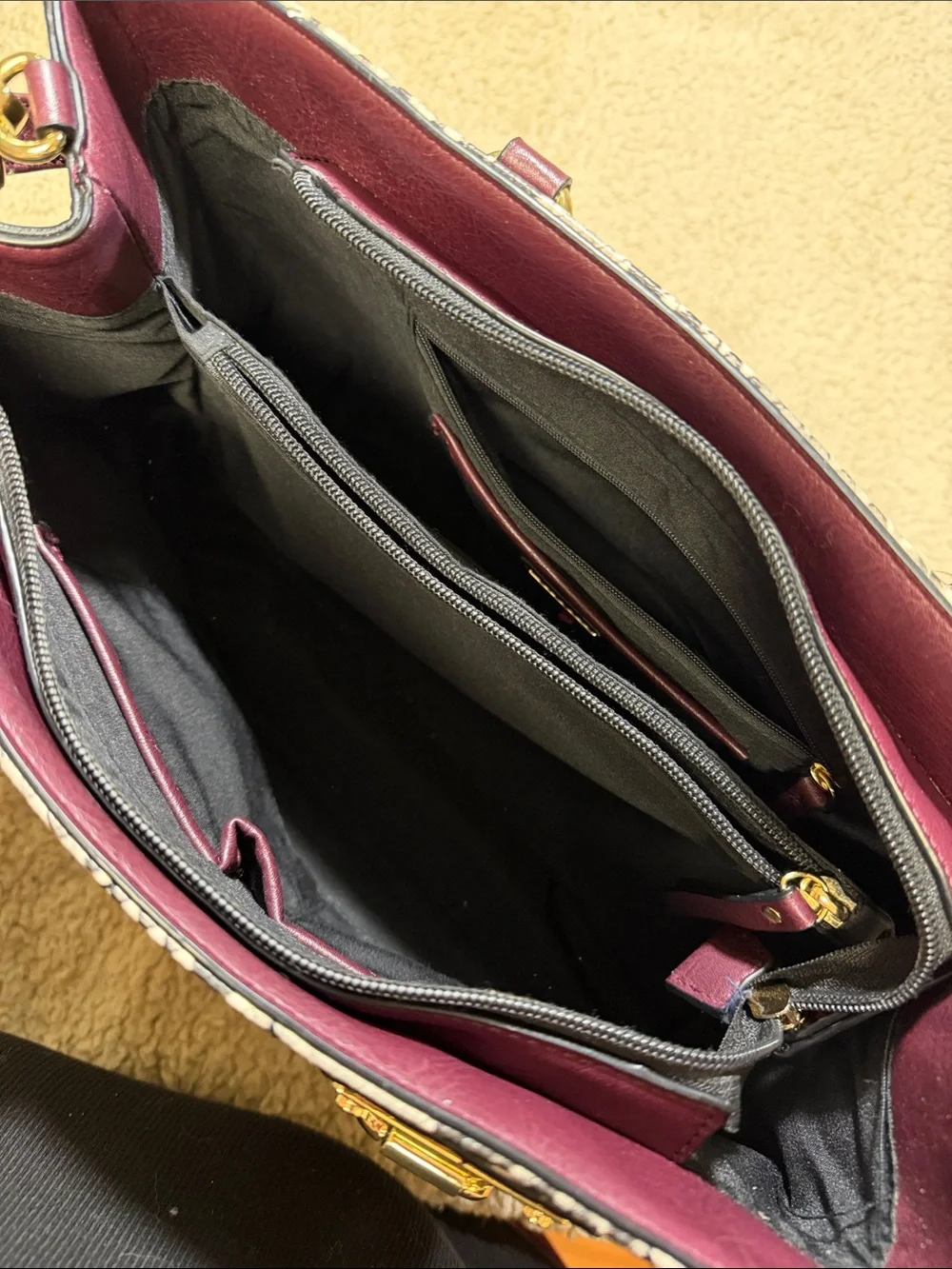 Aldo Burgundy and Beige Python-Pattern Satchel with Gold Accents